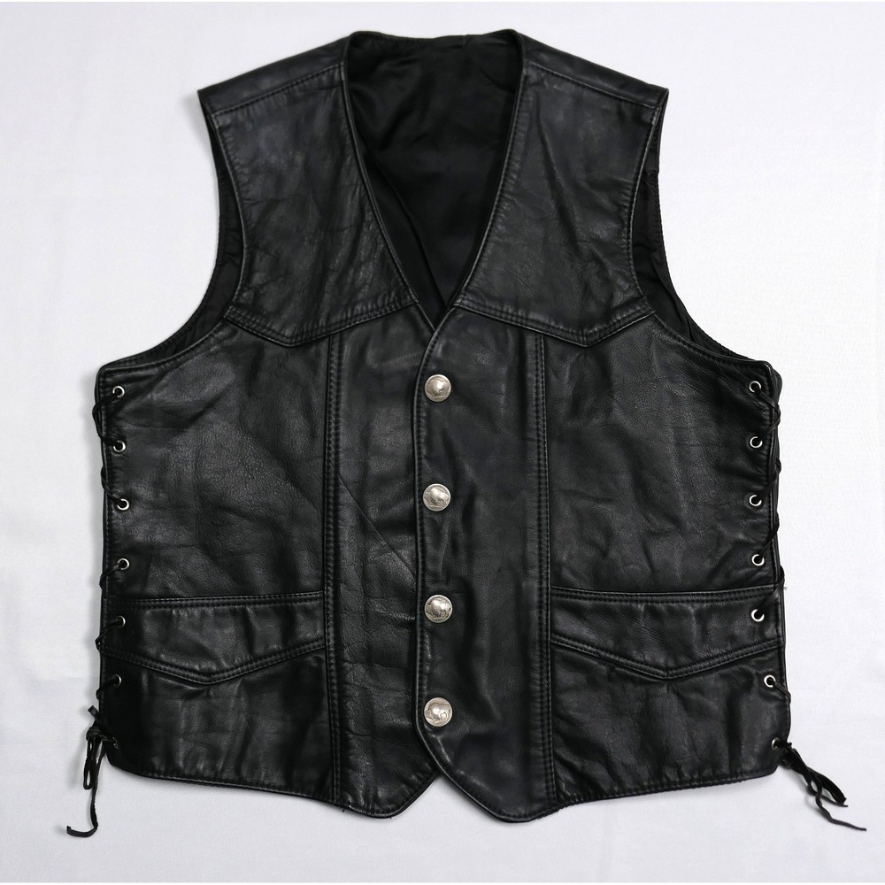 VTG Black Leather Biker Vest Buffalo Nickel Snaps Made in USA Mens L Motorcycle